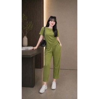 Bộ đồ thời trang NHỎ CLOTHING  bigsize nữ áo croptop tay ngắn nữ kèm quần dài vải gân tăm co giãn thời trang SET62