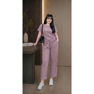 Bộ đồ thời trang NHỎ CLOTHING  bigsize nữ áo croptop tay ngắn nữ kèm quần dài vải gân tăm co giãn thời trang SET62