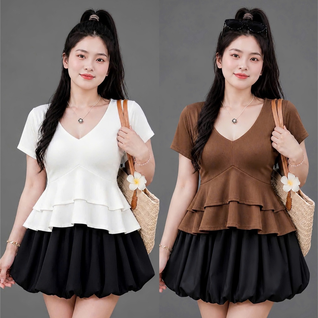 Áo Nữ Cổ V Peplum Bèo Tầng Tay Ngắn Dáng Xòe Tôn Eo Che Bụng Thời Trang Thanh Lịch A348