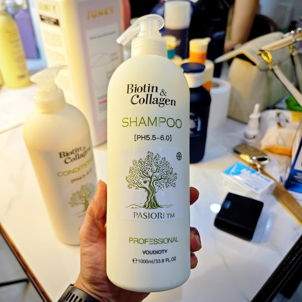 ​Cặp Gội Xả Biotin & Collagen Pasiori 1000ml Trắng - Phục Hồi Tóc Hư Tổn, Mùi Hương Sang Trọng