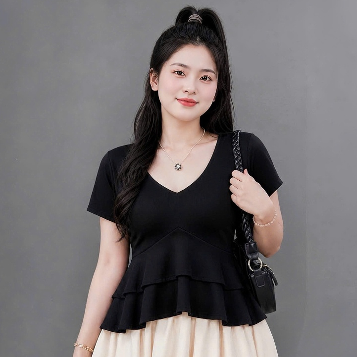 Áo Nữ Cổ V Peplum Bèo Tầng Tay Ngắn Dáng Xòe Tôn Eo Che Bụng Thời Trang Thanh Lịch A348
