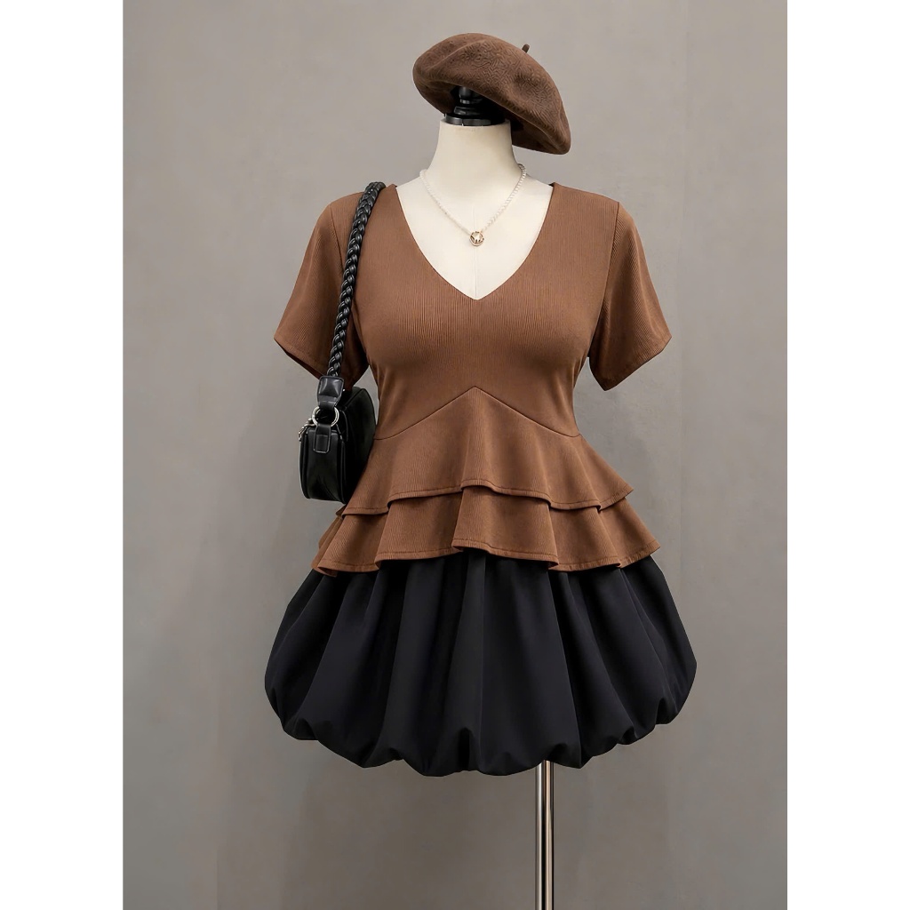 Set Bigsize Nữ Áo Peplum 2 Tầng + Chân Váy Xòe Ngắn, Che Bụng Tốt, Hack Dáng 56-92kg A348+CV413