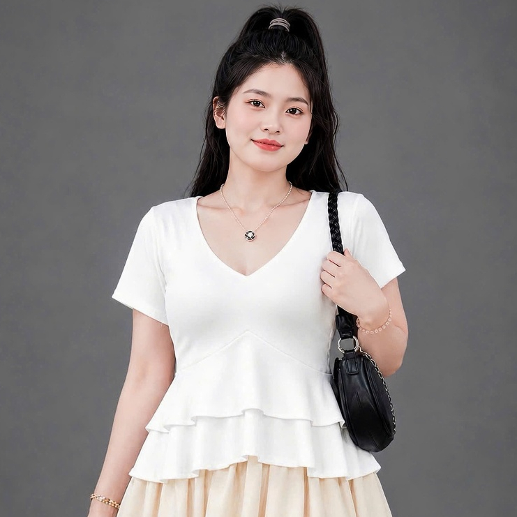 Áo Nữ Cổ V Peplum Bèo Tầng Tay Ngắn Dáng Xòe Tôn Eo Che Bụng Thời Trang Thanh Lịch A348