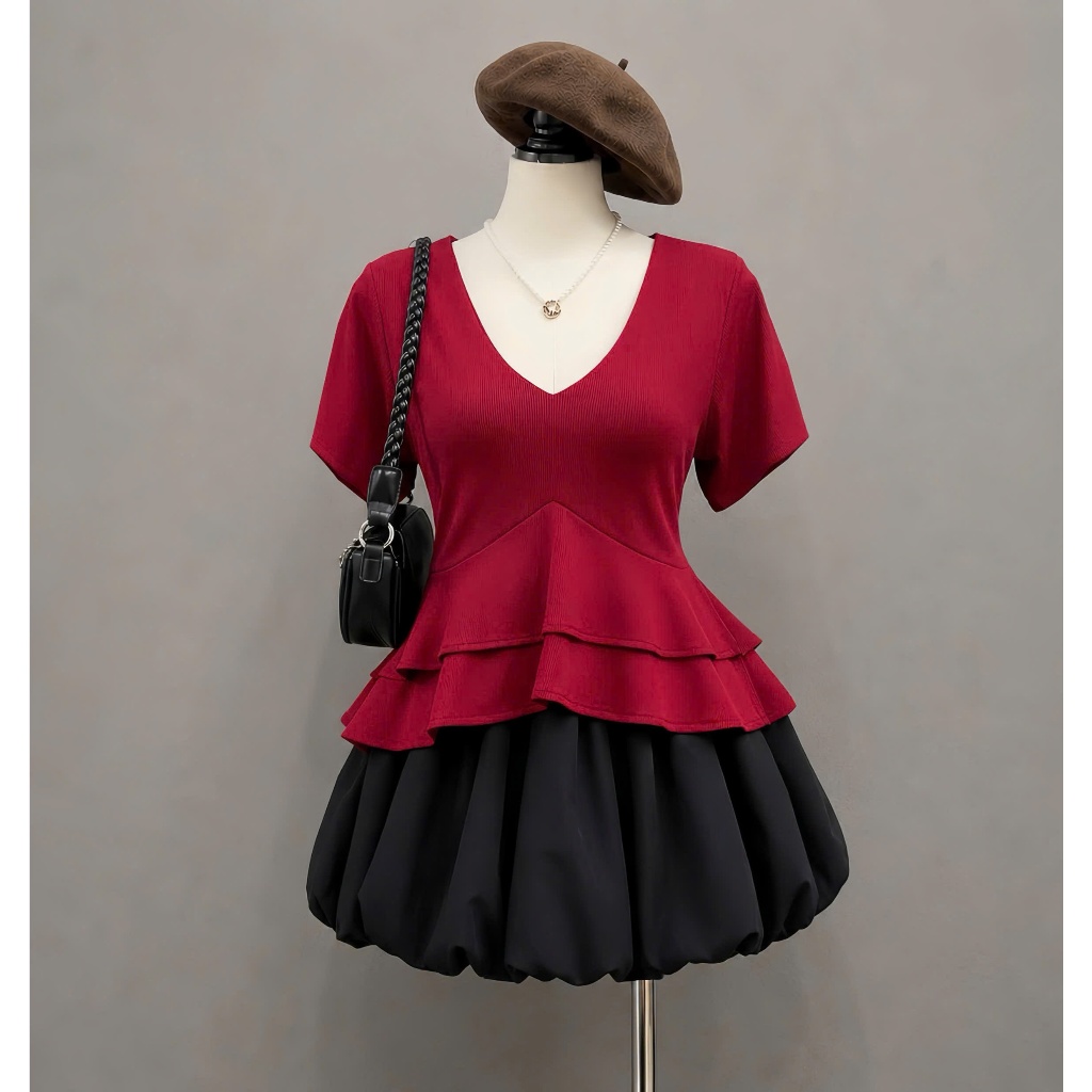 Set Bigsize Nữ Áo Peplum 2 Tầng + Chân Váy Xòe Ngắn, Che Bụng Tốt, Hack Dáng 56-92kg A348+CV413