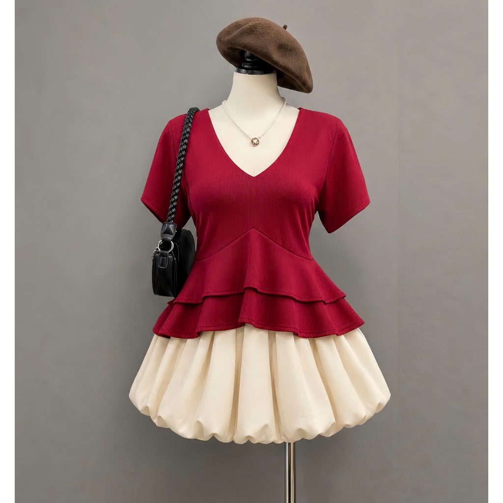Set Bigsize Nữ Áo Peplum 2 Tầng + Chân Váy Xòe Ngắn, Che Bụng Tốt, Hack Dáng 56-92kg A348+CV413