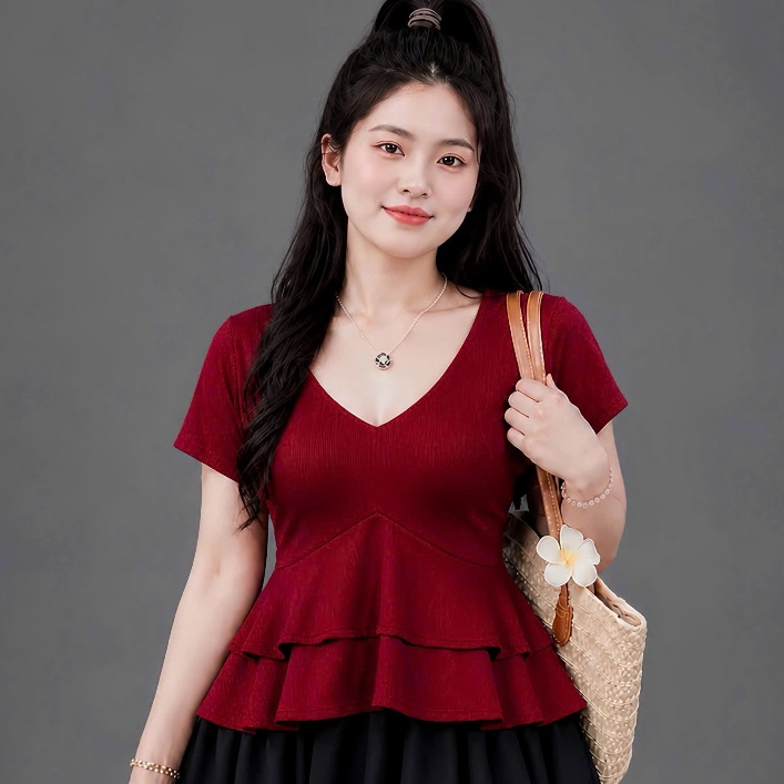 Áo Nữ Cổ V Peplum Bèo Tầng Tay Ngắn Dáng Xòe Tôn Eo Che Bụng Thời Trang Thanh Lịch A348