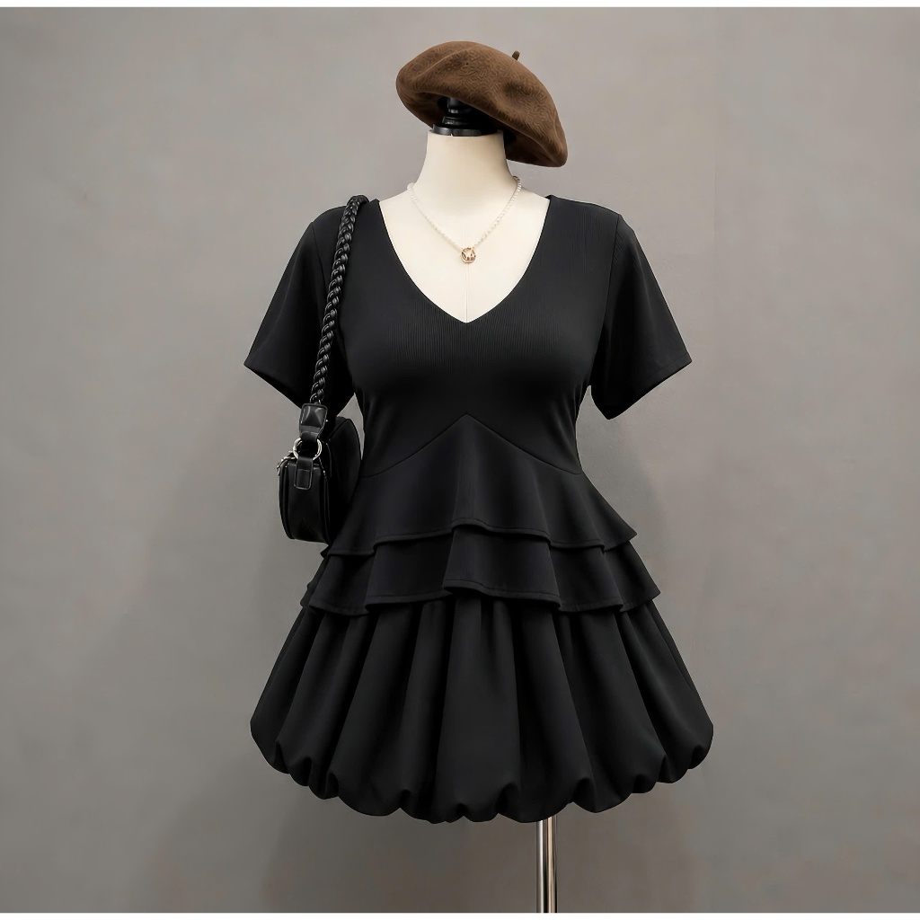 Set Bigsize Nữ Áo Peplum 2 Tầng + Chân Váy Xòe Ngắn, Che Bụng Tốt, Hack Dáng 56-92kg A348+CV413