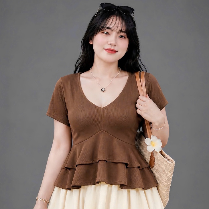 Áo Nữ Cổ V Peplum Bèo Tầng Tay Ngắn Dáng Xòe Tôn Eo Che Bụng Thời Trang Thanh Lịch A348