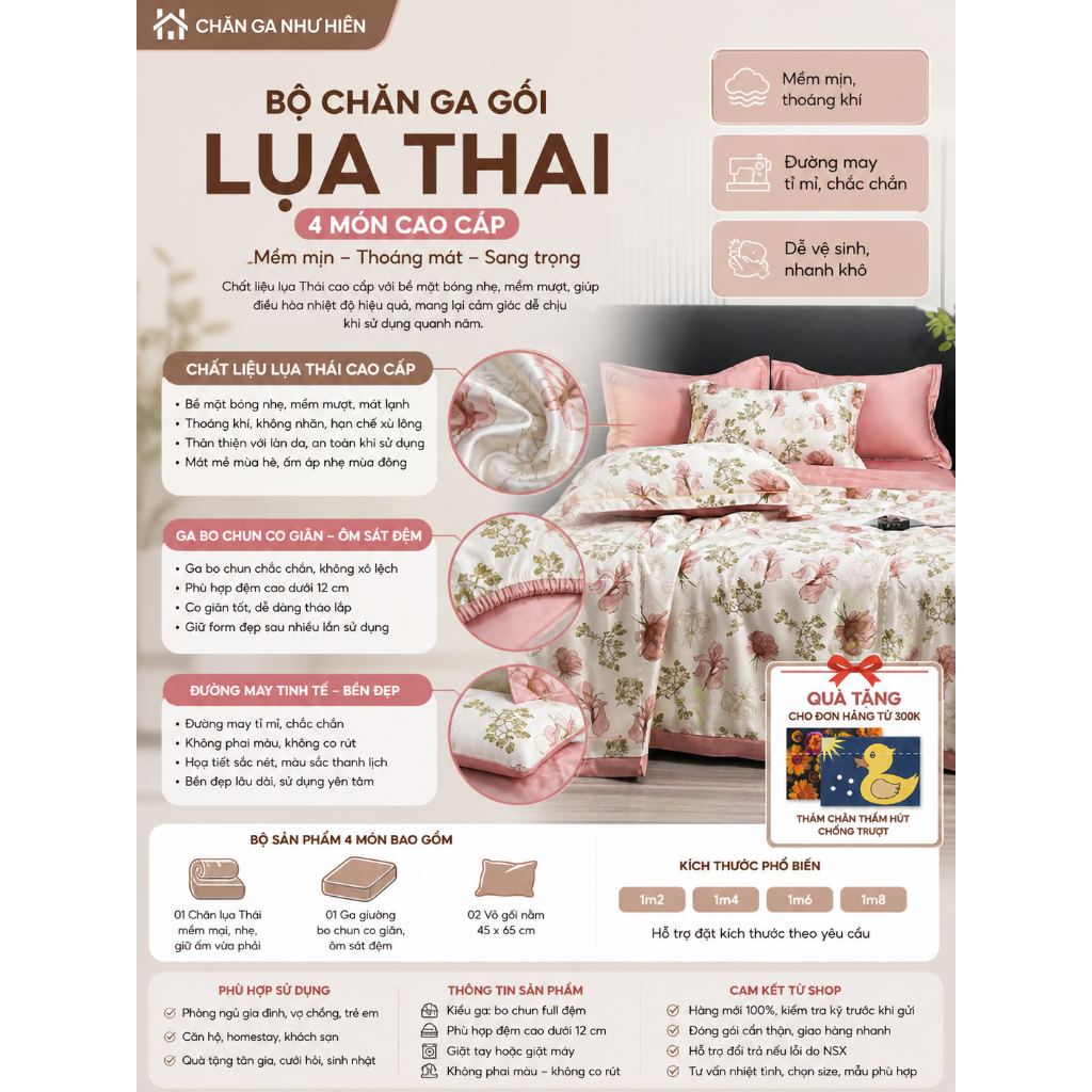 Bộ Chăn Ga Mùa Hè Lụa Thái 4 Món Cao Cấp Họa Tiết Hiện Đại – Mềm Lạnh, Tạo Điểm Nhấn Phòng Ngủ
