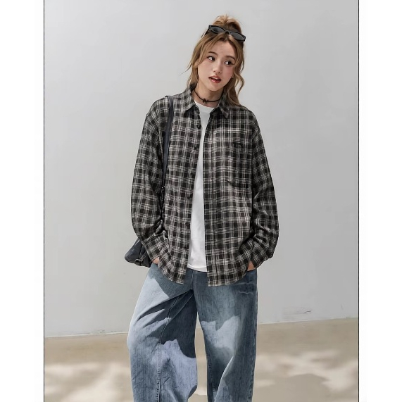 Áo sơ mi dài tay nữ kẻ caro mix phong cách trẻ trung năng động thiết kế unisex phù hợp đi chơi đi làm thoáng mát.