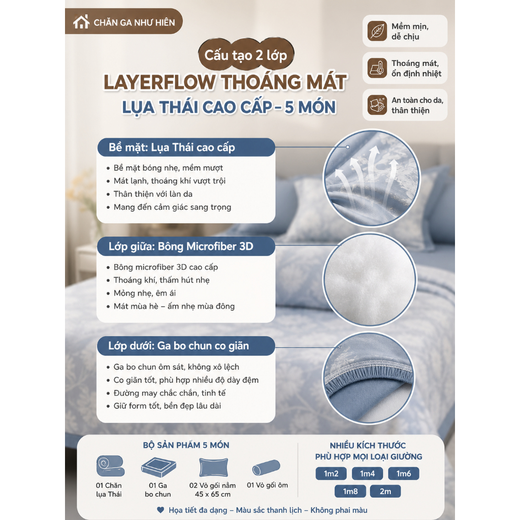Bộ Chăn Ga Gối Lụa Thái 5 Món (Có Vỏ Gối Ôm) Cao Cấp – Mềm Mịn, Thoáng Mát, Sang Trọng, Nhiếu họa tiết