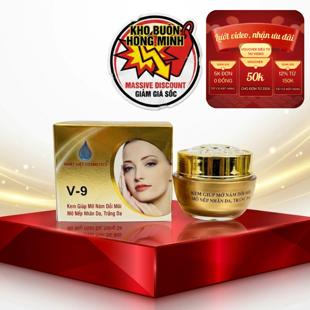 Kem Nhật Việt V9 (Vàng Xám) Ngọc Trai Đen Sữa Ong Chúa Giúp Giảm Nám Tàn Nhang 10g