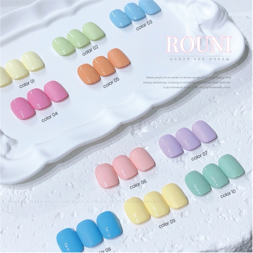 Set sơn gel 10 màu kẹo ROUNI xu hướng mùa hè mới 2026, màu kẹo macaron sáng tay tôn da, chuyên dụng cho các tiệm nail