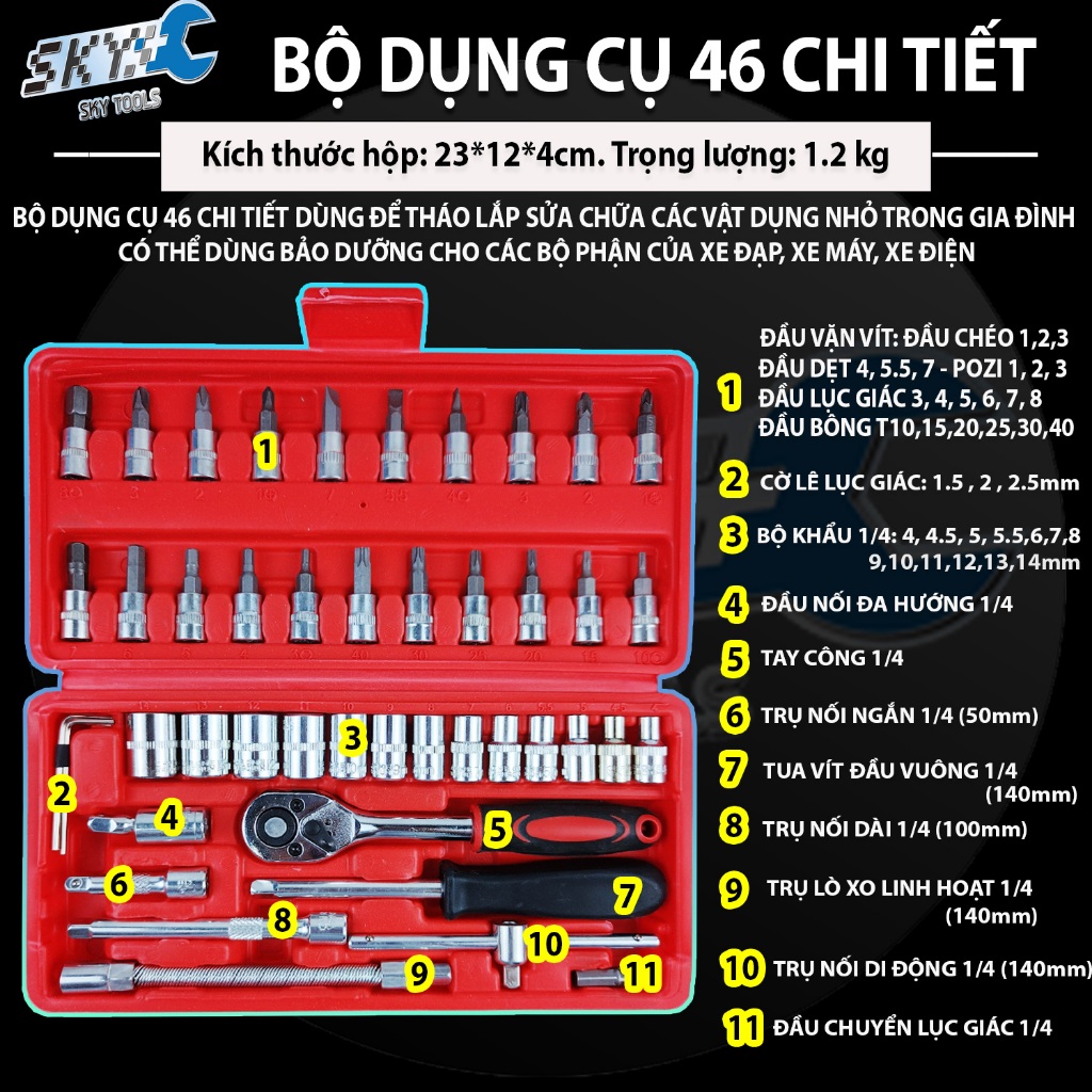 Bộ dụng cụ sửa chữa xe máy đa năng 46 chi tiết, mở bu lông ốc vít, hàng cao cấp