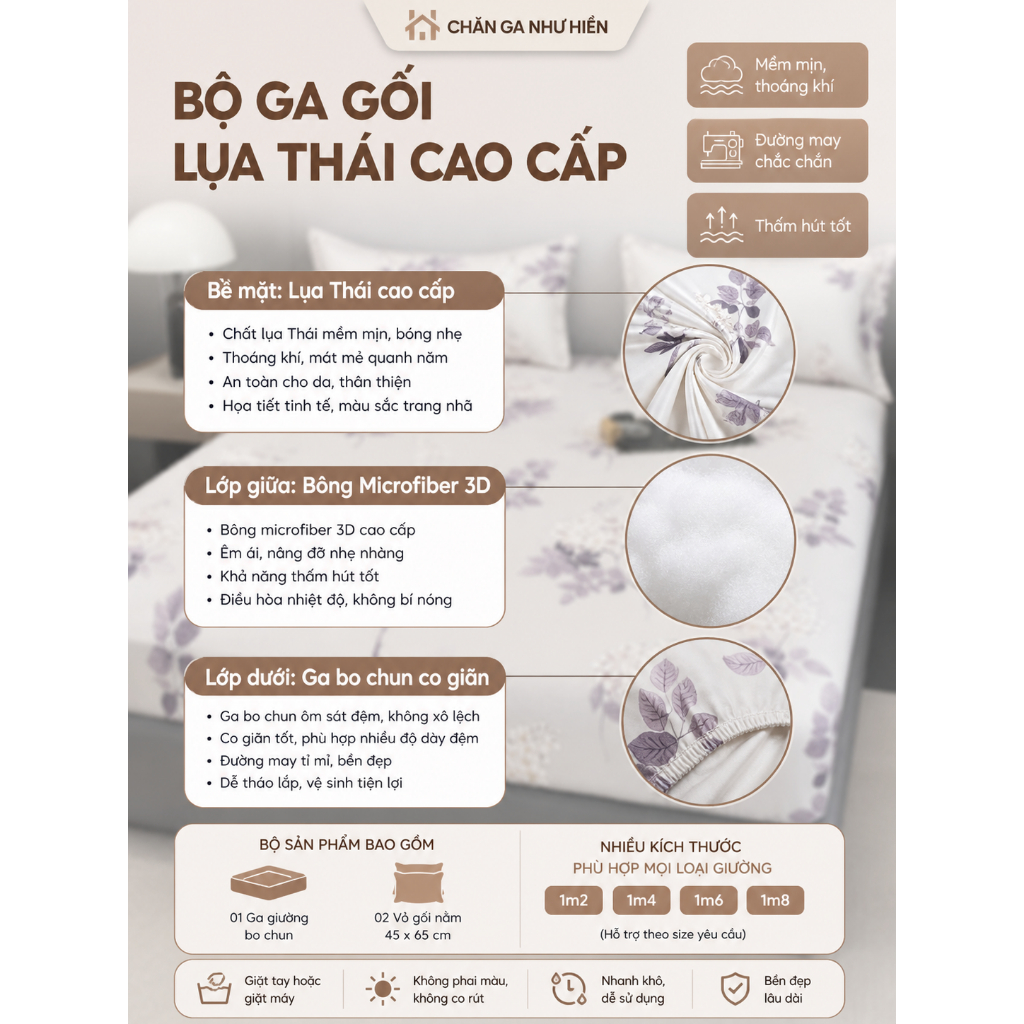 Set 3 Món Ga Gối Mùa Hè Lụa Thái Full Họa Tiết Cao Cấp – Mềm Mát, Sang Trọng