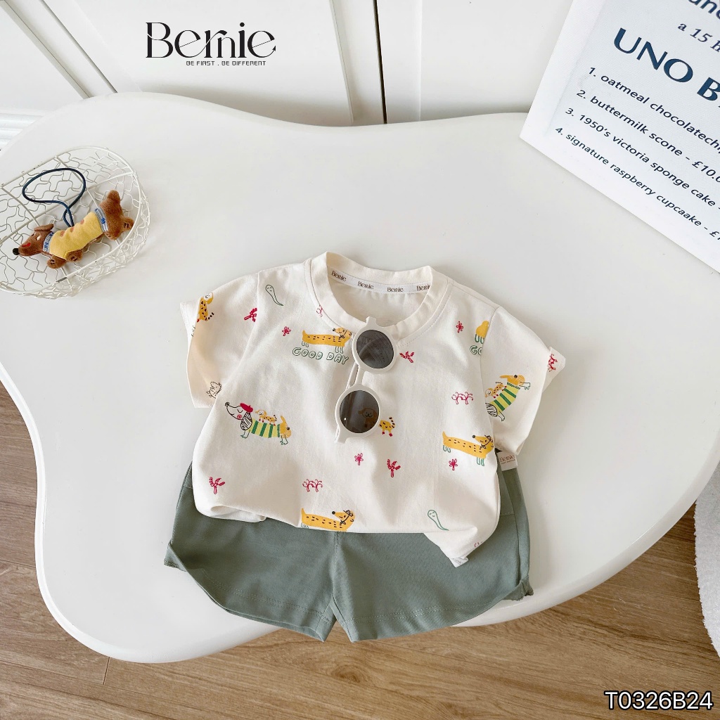 (Hãng Bernie)Bộ quần áo cộc tay hoạ tiết PUPPY GOOD, chất vải cotton co giãn kèm quần short mềm mại cho bé trai đi học