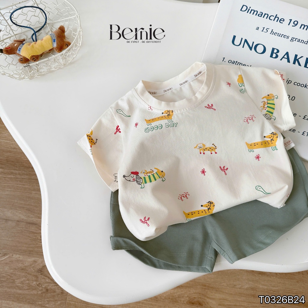 (Hãng Bernie)Bộ quần áo cộc tay hoạ tiết PUPPY GOOD, chất vải cotton co giãn kèm quần short mềm mại cho bé trai đi học
