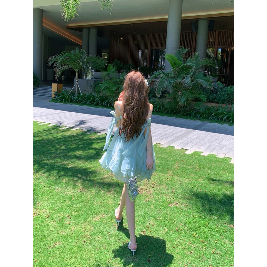 TIBU - Đầm Babydoll Hai Dây Tay Buộc Nơ Hở Lưng Dễ Thương Đi Chơi Biển Mùa Hè D738
