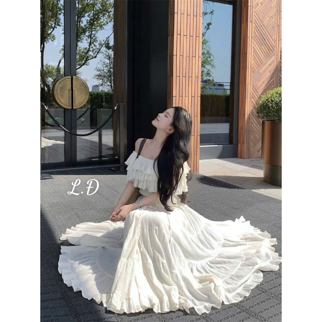 set trễ vai tơ màu kem áo ngắn chân váy dài xoè mặc đi du lịch siêu xinh SM