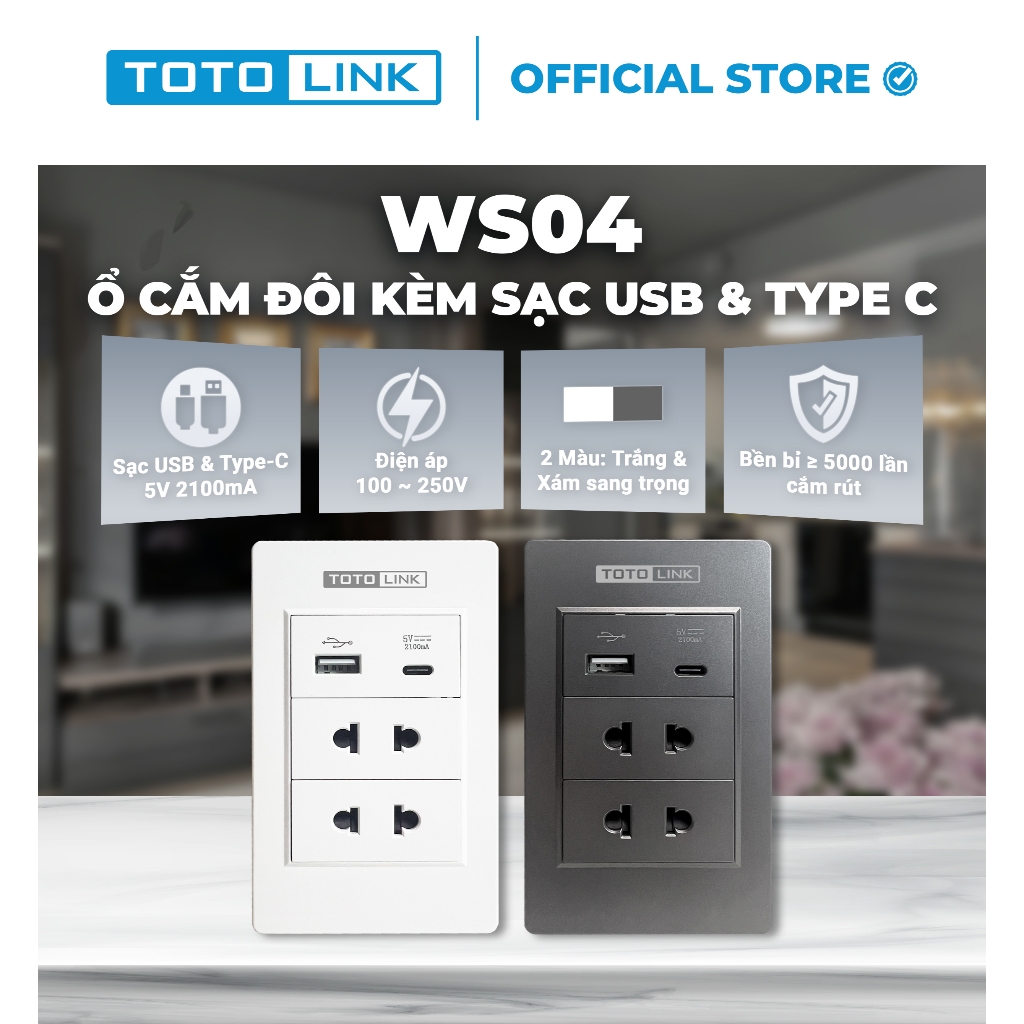 [Hỏa Tốc] Ổ cắm sạc USB và Type-C, ổ cắm điện âm tường nhựa TOTOLINK WS04 – Ổ Cắm Điện Gắn Tường Đa Năng