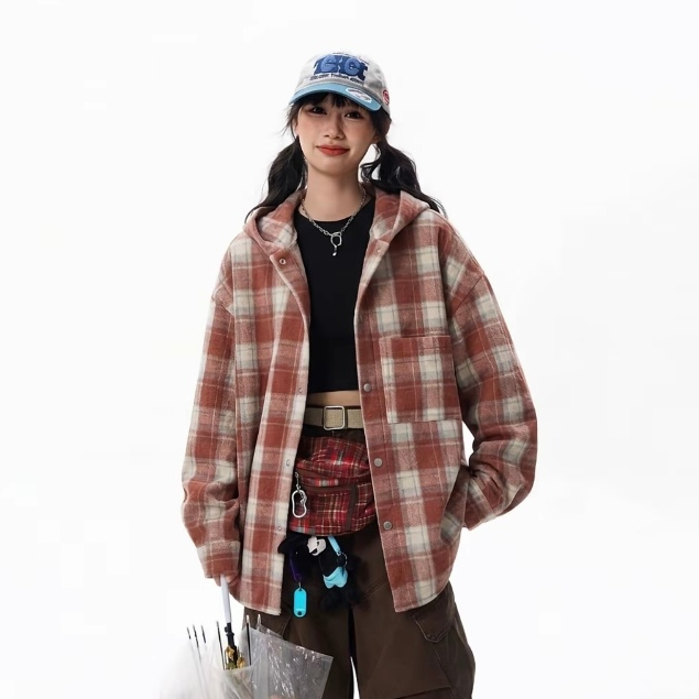 Áo khoác có mũ trùm đầu caro kẻ sọc vải flannel cotton,tay dài dáng rộng,unisex.