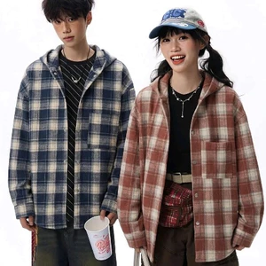Áo khoác có mũ trùm đầu caro kẻ sọc vải flannel cotton,tay dài dáng rộng,unisex.
