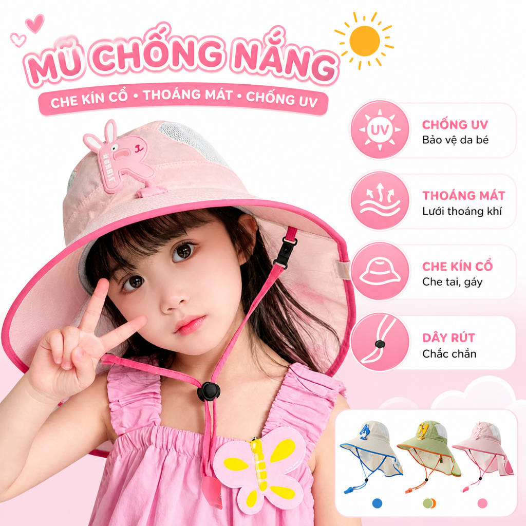 Mũ Chống Nắng Trẻ Em Vành Rộng Có Che Cổ, Nón Chống Tia UV Cho Bé Đi Biển Có Dây Đeo Và Còi An Toàn