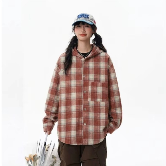 Áo khoác có mũ trùm đầu caro kẻ sọc vải flannel cotton,tay dài dáng rộng,unisex.