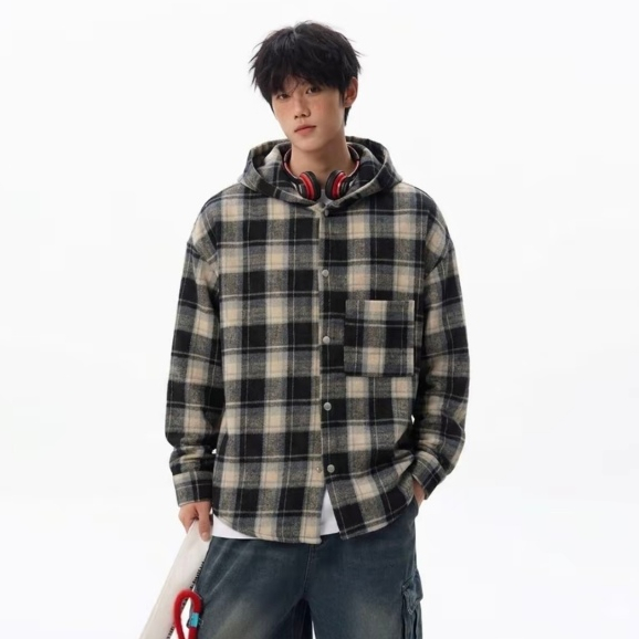Áo khoác có mũ trùm đầu caro kẻ sọc vải flannel cotton,tay dài dáng rộng,unisex.