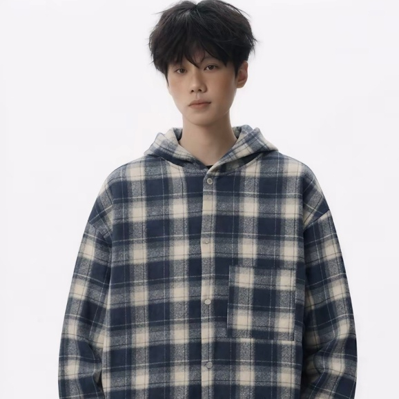 Áo khoác có mũ trùm đầu caro kẻ sọc vải flannel cotton,tay dài dáng rộng,unisex.