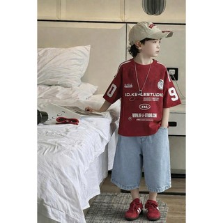 Bộ Bé Trai Áo Thun Tay Lỡ In Số Phối Quần Jean Rộng Size 17-45Kg