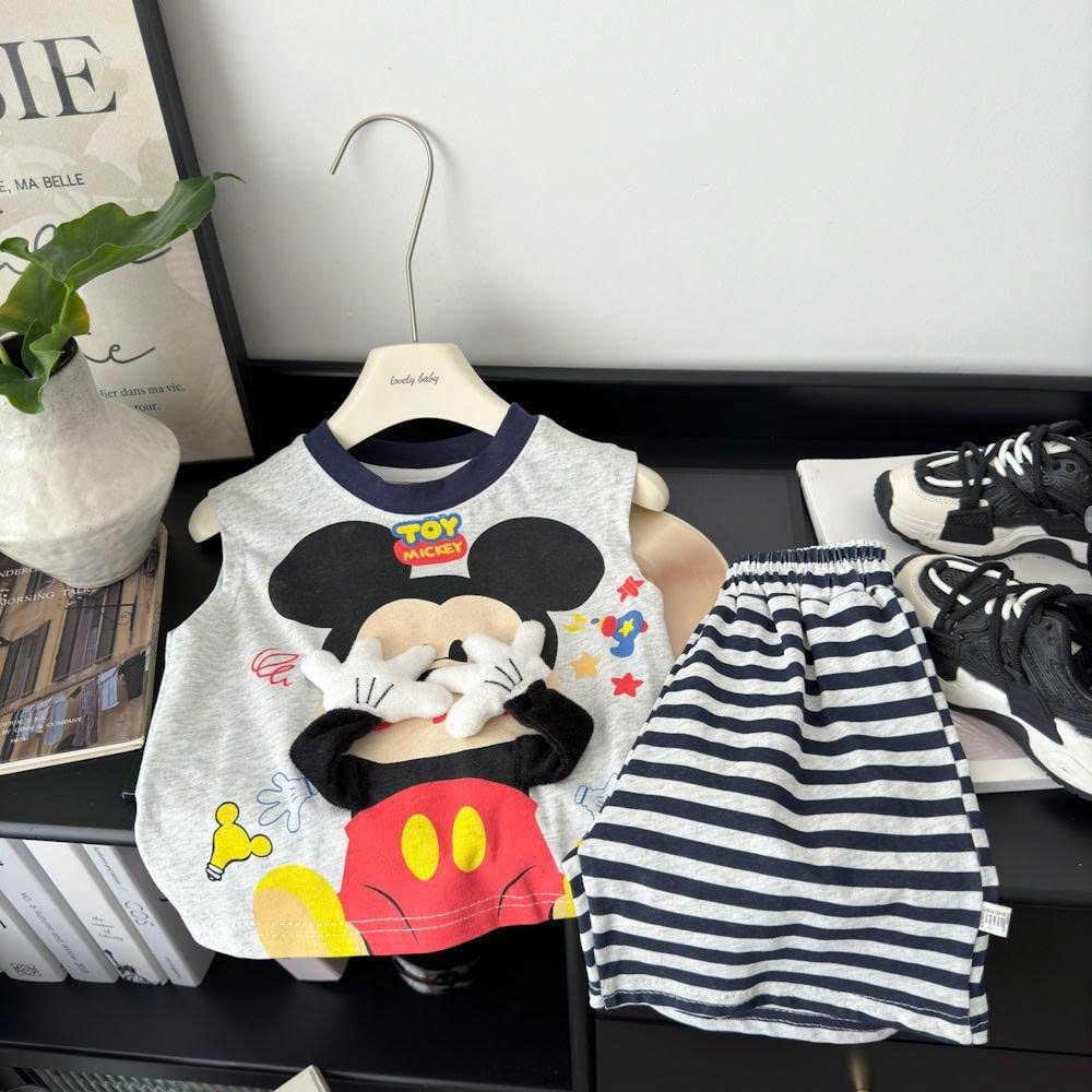 (Hàng QCCC)Bộ ba lỗ MICKEY TOY 3D chất cotton mềm mát phối quần kẻ phong cách hàn cho bé đi chơi đi học size 10-24kg