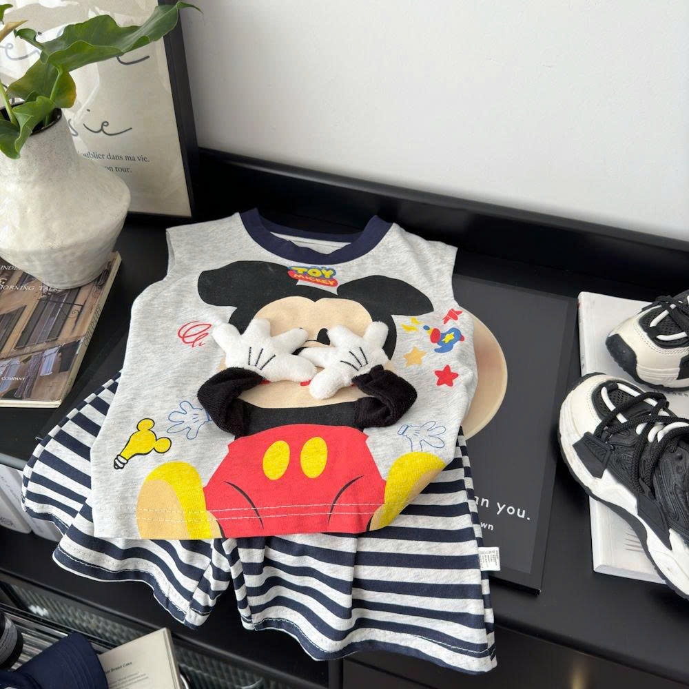 (Hàng QCCC)Bộ ba lỗ MICKEY TOY 3D chất cotton mềm mát phối quần kẻ phong cách hàn cho bé đi chơi đi học size 10-24kg