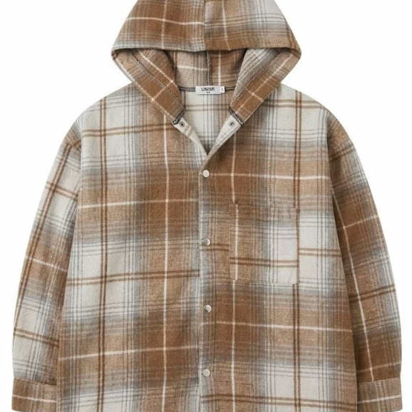 Áo khoác có mũ trùm đầu caro kẻ sọc vải flannel cotton,tay dài dáng rộng,unisex.