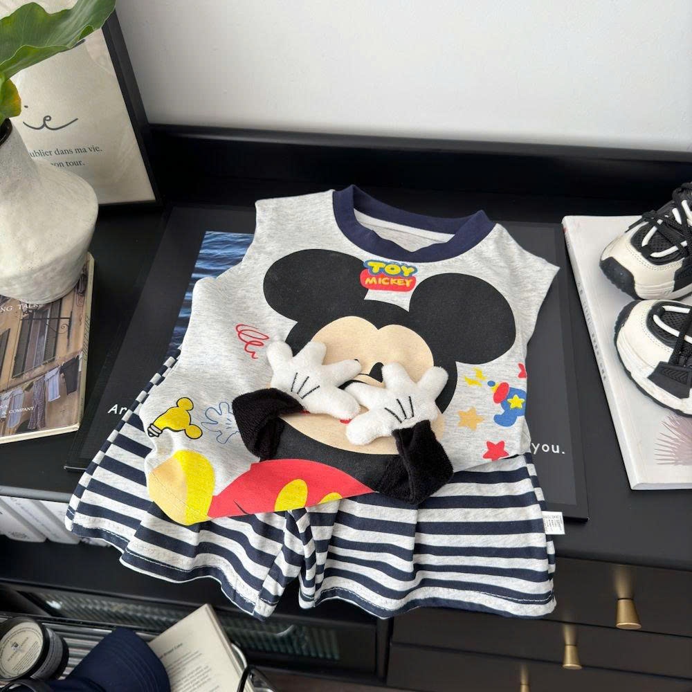 (Hàng QCCC)Bộ ba lỗ MICKEY TOY 3D chất cotton mềm mát phối quần kẻ phong cách hàn cho bé đi chơi đi học size 10-24kg