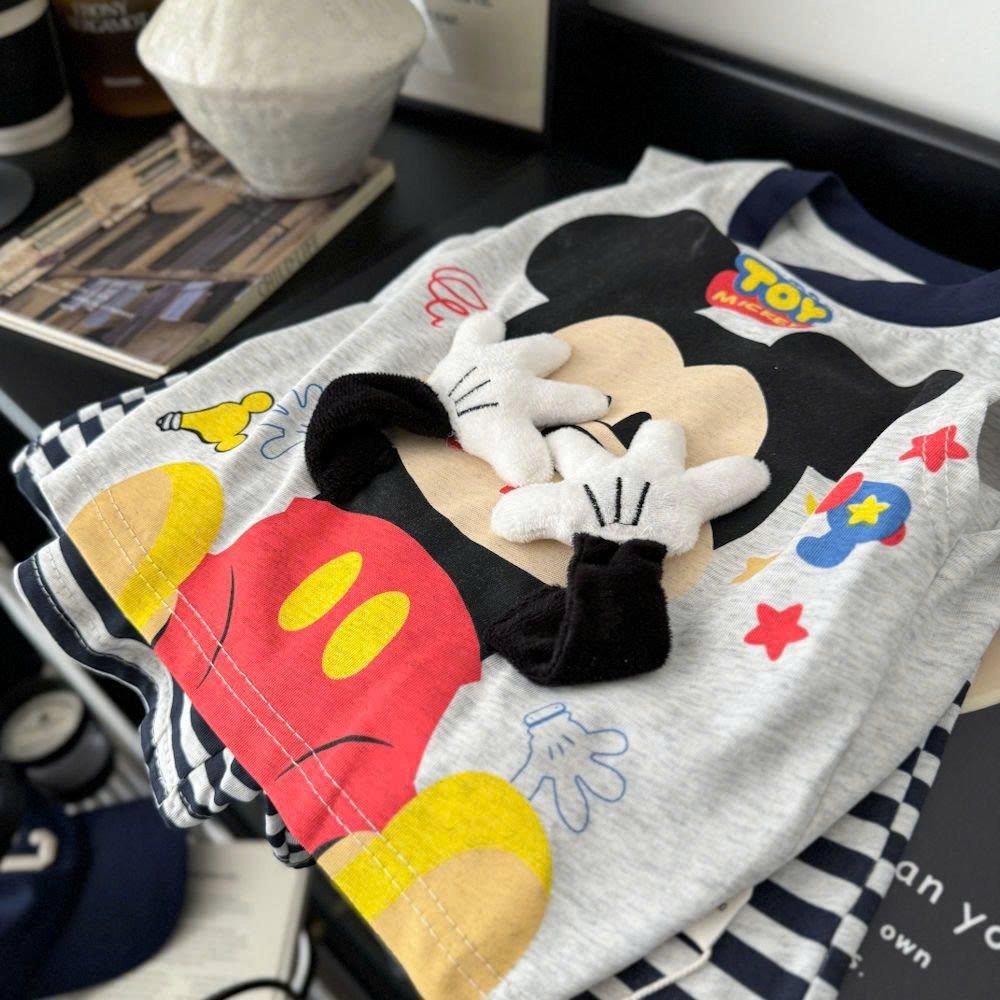(Hàng QCCC)Bộ ba lỗ MICKEY TOY 3D chất cotton mềm mát phối quần kẻ phong cách hàn cho bé đi chơi đi học size 10-24kg