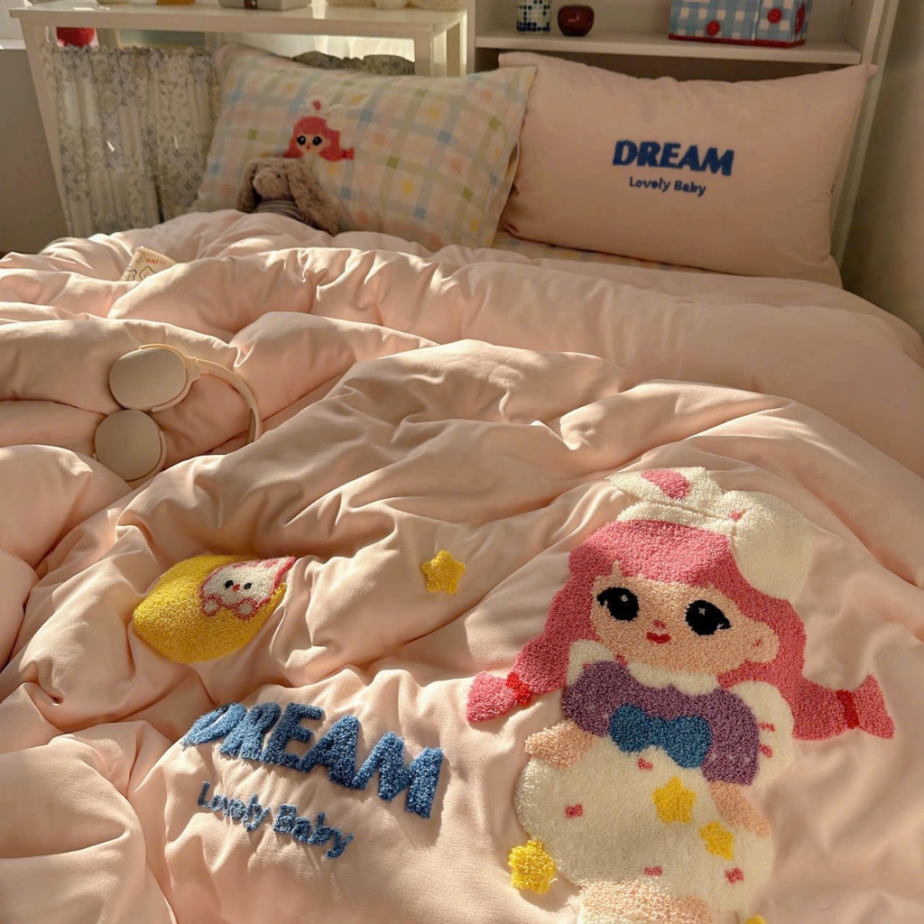 Set Chăn Ga Gối Đũi Cotton Họa Tiết Hàn Quốc - Set Vỏ Chăn và Chăn Chần 4 Món Cao Cấp - Nhà Shy Home Decor