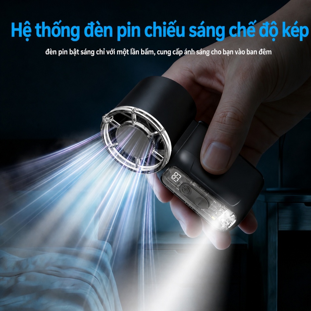 Quạt Mini Cầm Tay 199 Mức Gió Làm Mát Nhanh Tức Thì, Màn Hình Hiển Thị Led, Có Đèn Pin, Tích Điện Mini