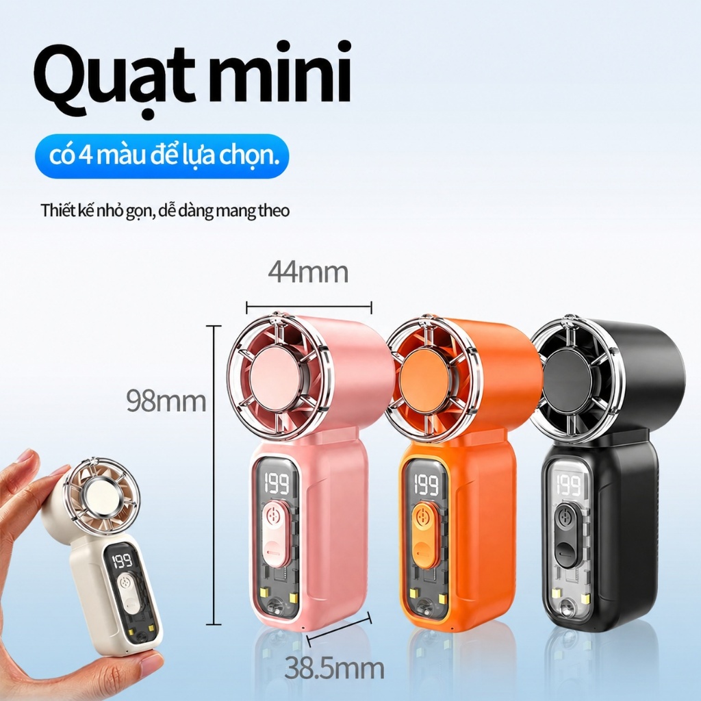 Quạt Mini Cầm Tay 199 Mức Gió Làm Mát Nhanh Tức Thì, Màn Hình Hiển Thị Led, Có Đèn Pin, Tích Điện Mini