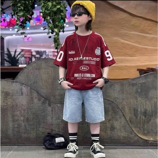 Bộ Bé Trai Áo Thun Tay Lỡ In Số Phối Quần Jean Rộng Size 17-45Kg