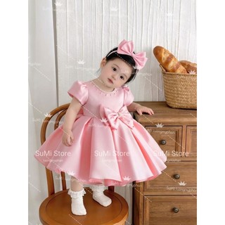 [Hàng thiết kế ] [ Tặng cài ] Váy đầm công chúa cổ ngọc nơ eo phi lụa sang trọng cho bé