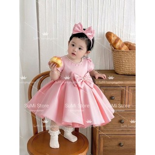[Hàng thiết kế ] [ Tặng cài ] Váy đầm công chúa cổ ngọc nơ eo phi lụa sang trọng cho bé