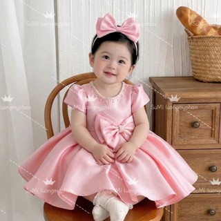 [Hàng thiết kế ] [ Tặng cài ] Váy đầm công chúa cổ ngọc nơ eo phi lụa sang trọng cho bé