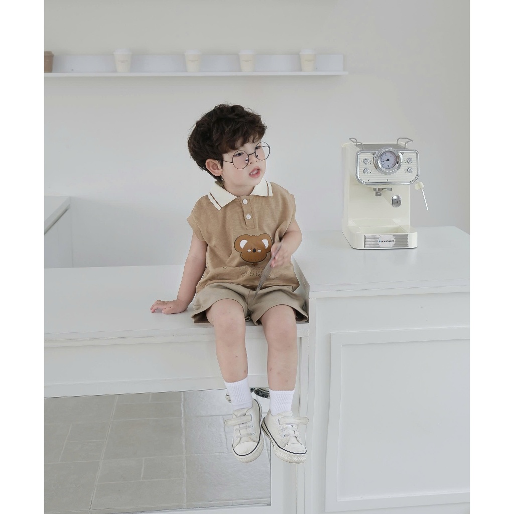 Set bộ polo cộc tay bé trai sát nách Miniumbaby in gấu chữ ngộ nghĩnh, chất áo cotton mềm mát SB2729