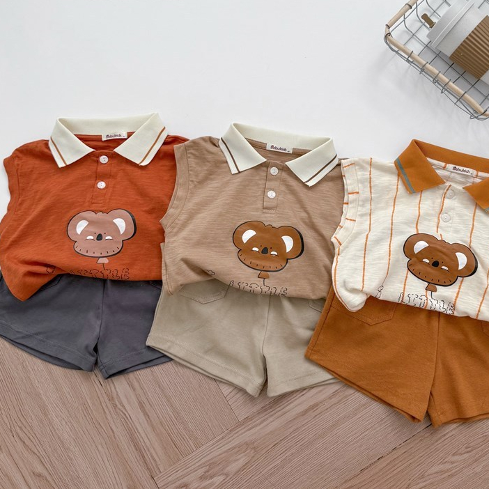Set bộ polo cộc tay bé trai sát nách Miniumbaby in gấu chữ ngộ nghĩnh, chất áo cotton mềm mát SB2729