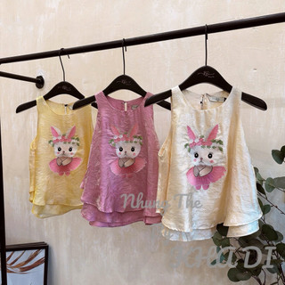 Sét áo lụa tơ tầm sát nách thêu thỏ xoè váy + quần xuông lụa (có bán rời)