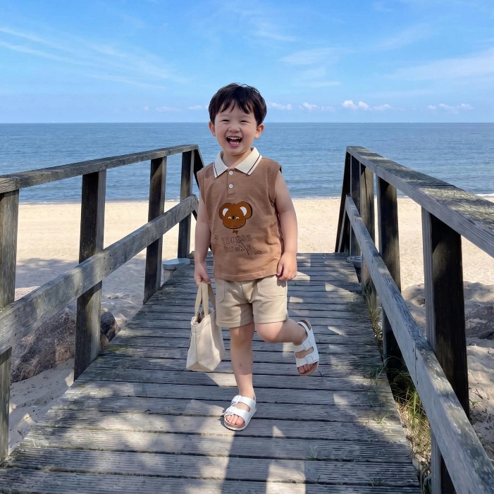 Set bộ polo cộc tay bé trai sát nách Miniumbaby in gấu chữ ngộ nghĩnh, chất áo cotton mềm mát SB2729