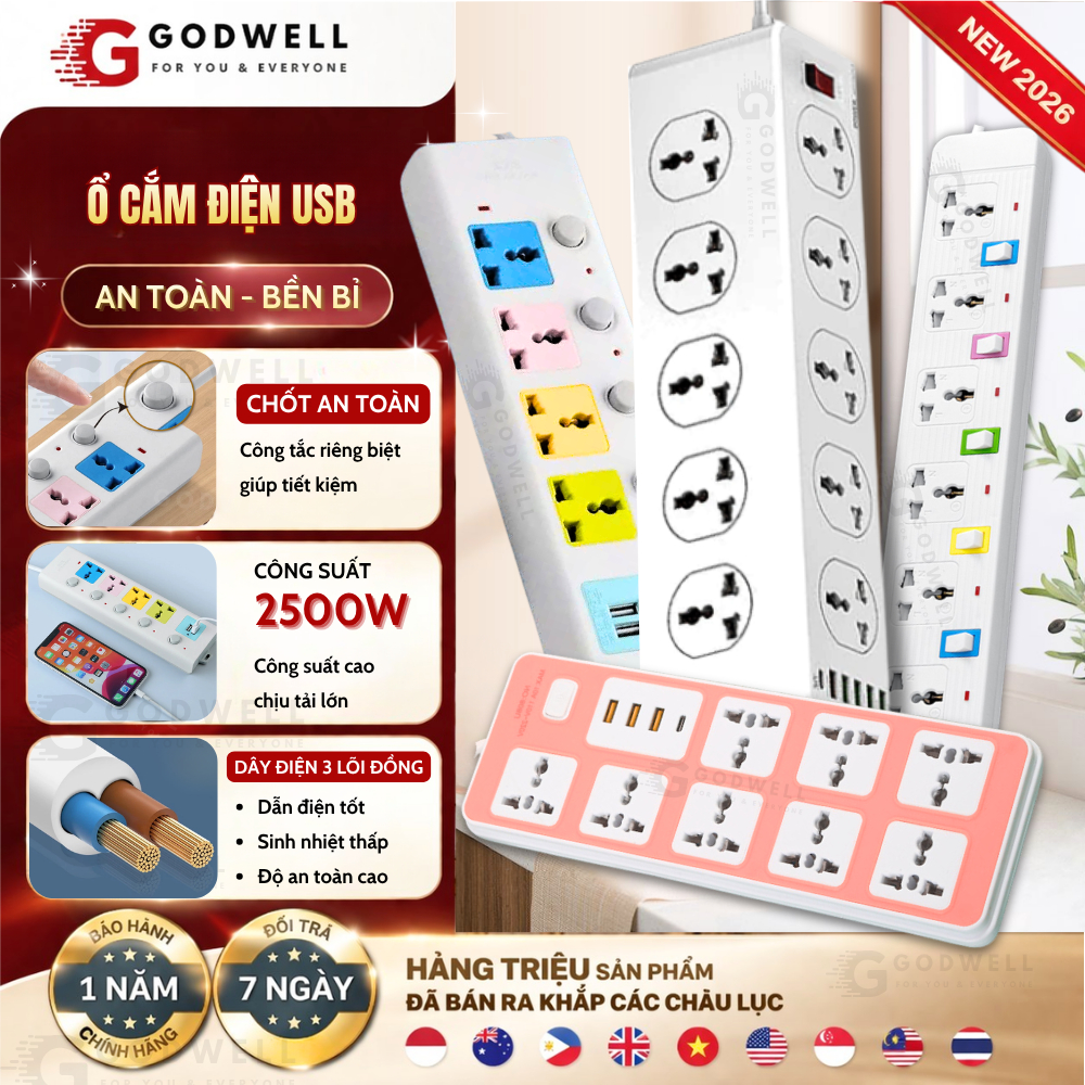 Ổ Cắm Điện Đa Năng GODWELL Chịu Tải 2500W Dây Dài 1.8-4m, Có Cổng USB, Chốt Bấm Chống Giật An Toàn