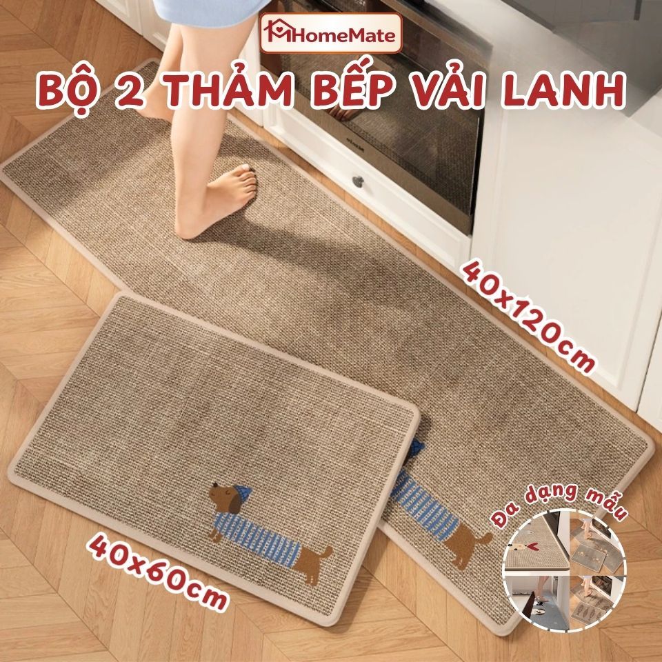 Bộ 2 Thảm Nhà Bếp Vải Lanh Chống Trượt, Lót Sàn Thấm Nước Thấm Dầu, Thảm Chùi Chân Cao Cấp Giặt Máy