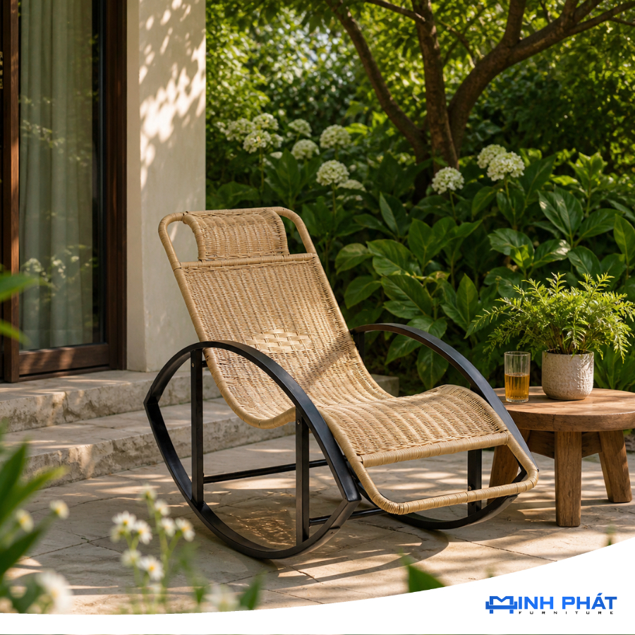 Ghế bập bênh Tanky lưng đan thủ công thiết kế cổ điển, ghế bập bênh người già, ghế bập bênh Minh Phát, ghế ban công